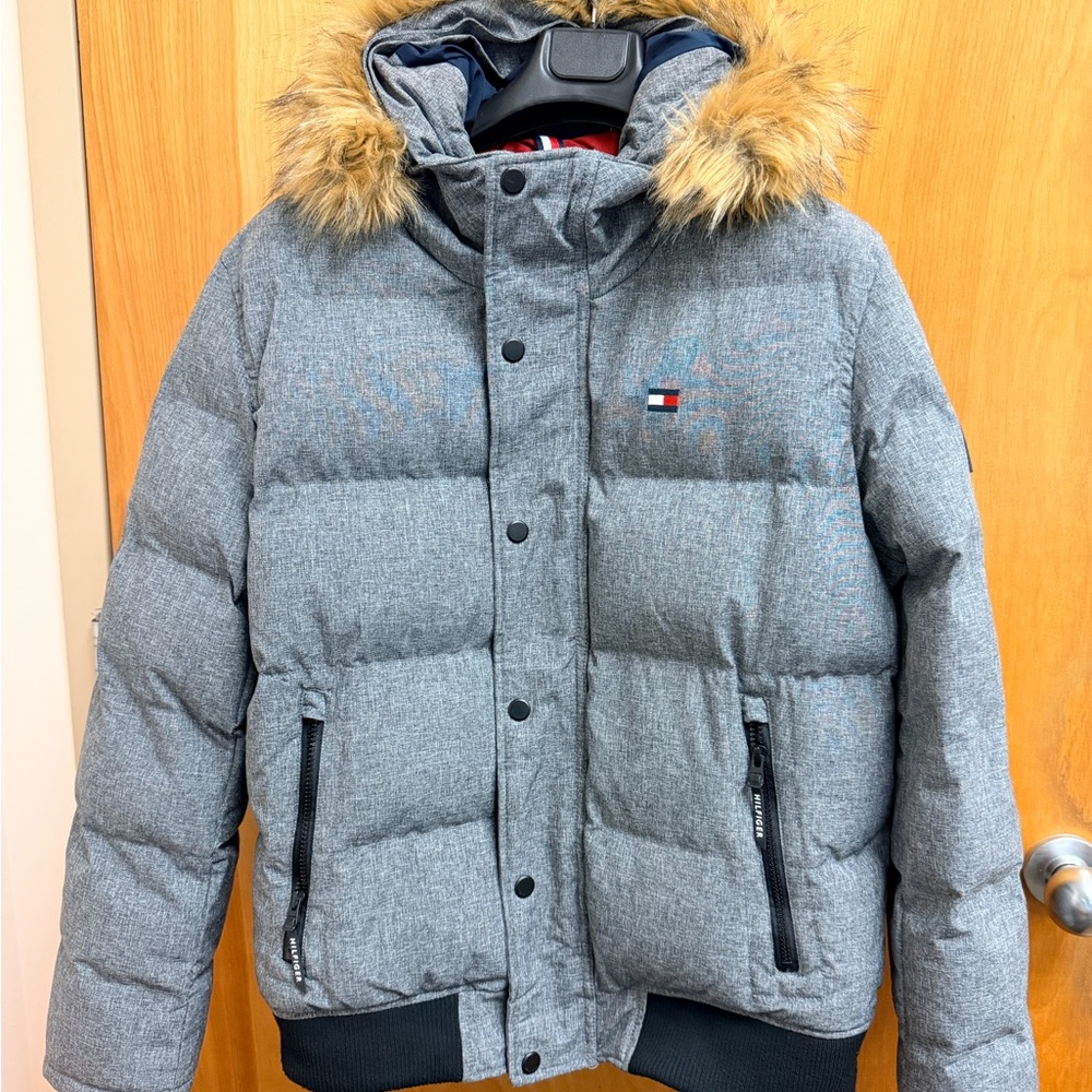 Tommy Hilfiger Charcoal Puffer Jacket with Faux Fur Trim